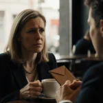 Senator Sinema sits across from companion at coffee shop with envelope visible between their hands and tense expressions