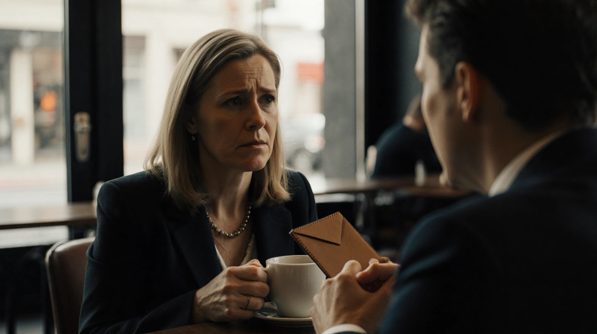 Senator Sinema sits across from companion at coffee shop with envelope visible between their hands and tense expressions