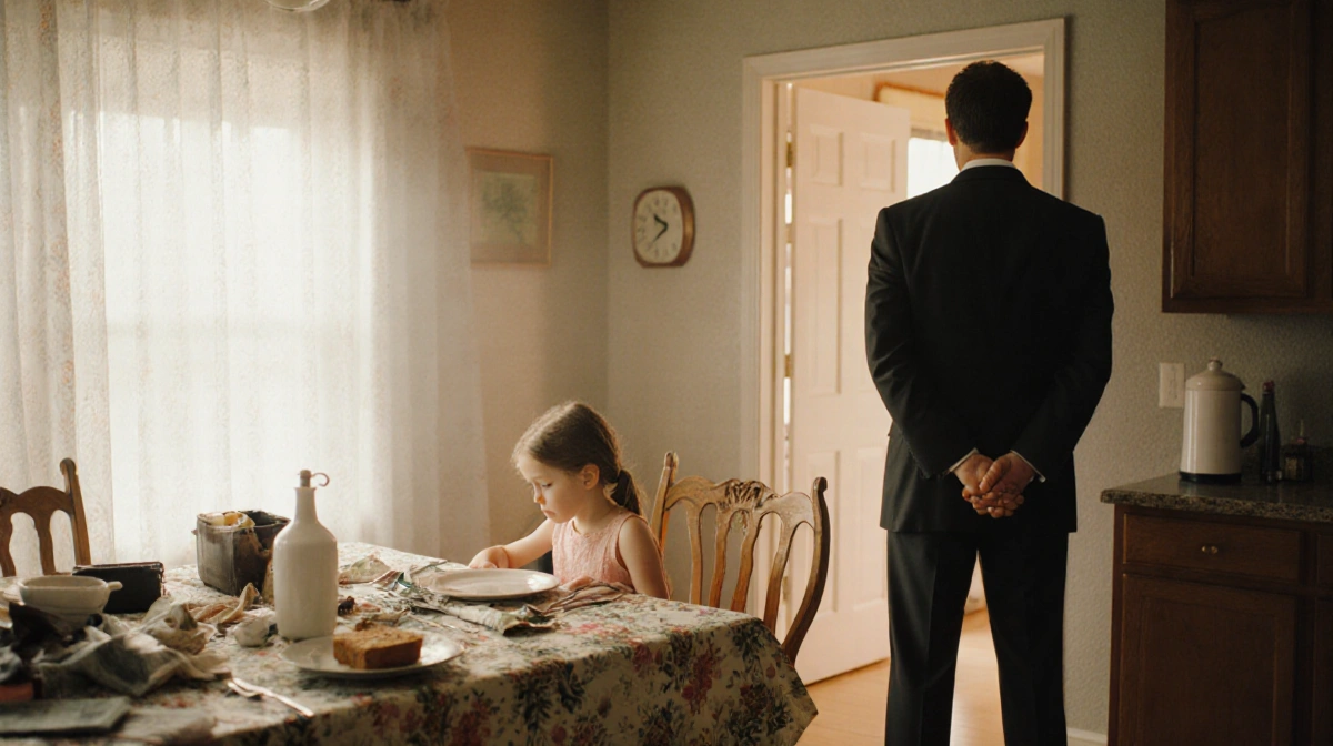 A single mother sits with her child at a cluttered dinner table while her estranged husband stands in the doorway with hands 