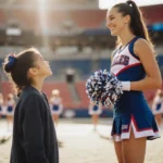 Younger sister watches her college cheerleader sibling with pom-pom on sidelines showing emotional bond and team spirit