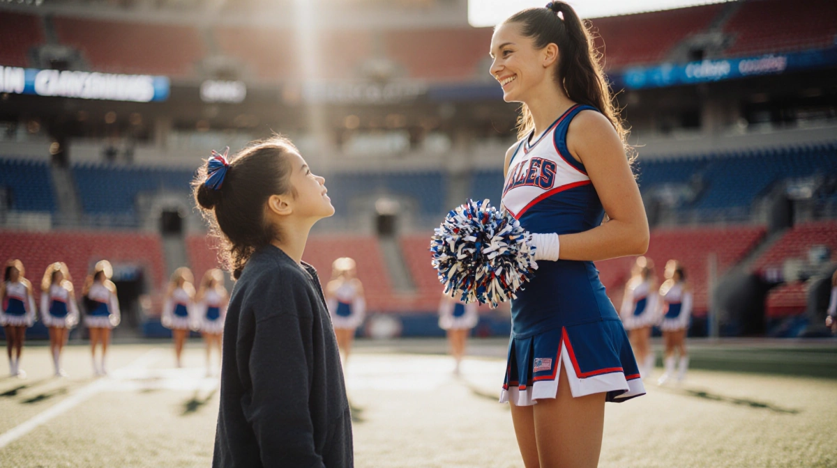 Younger sister watches her college cheerleader sibling with pom-pom on sidelines showing emotional bond and team spirit