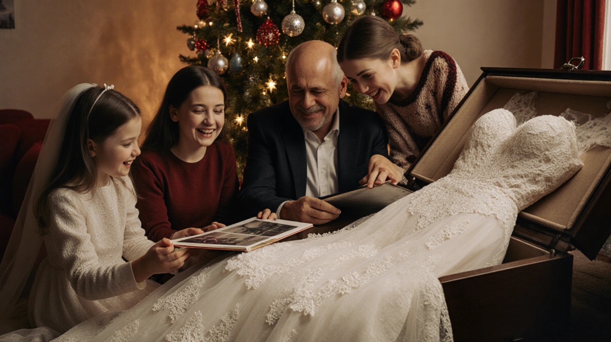 Three sisters gather around a Christmas tree with Hannah unveiling their mother's vintage lace wedding dress while their emot