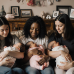Three sisters holding their newborn babies with soft warm light and a cozy living room backdrop