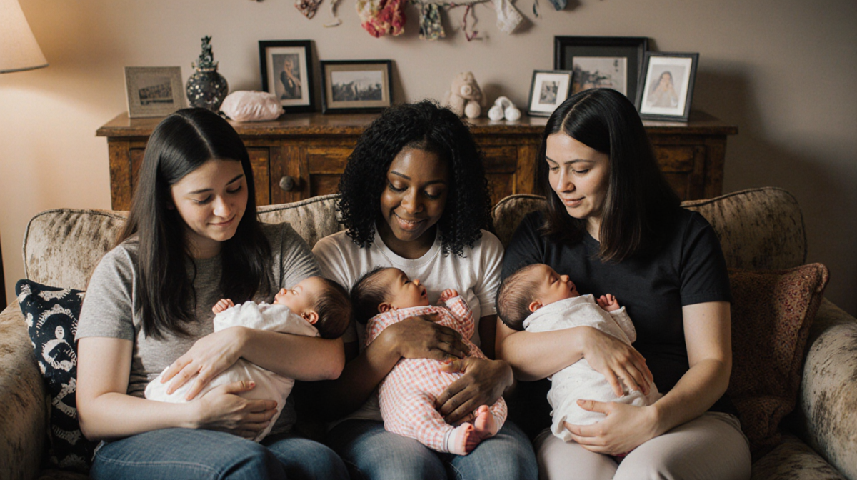 Three sisters holding their newborn babies with soft warm light and a cozy living room backdrop