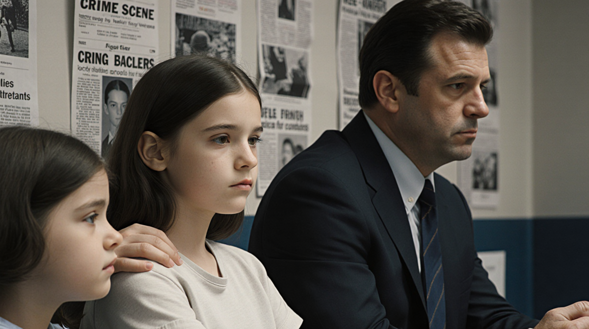 Teen girl sits in police station interrogation with her younger sister hand on her shoulder and detective looking on