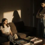 Lola Sheen sits on couch facing her sister Sami with phone and magazines on table showing tense family moment