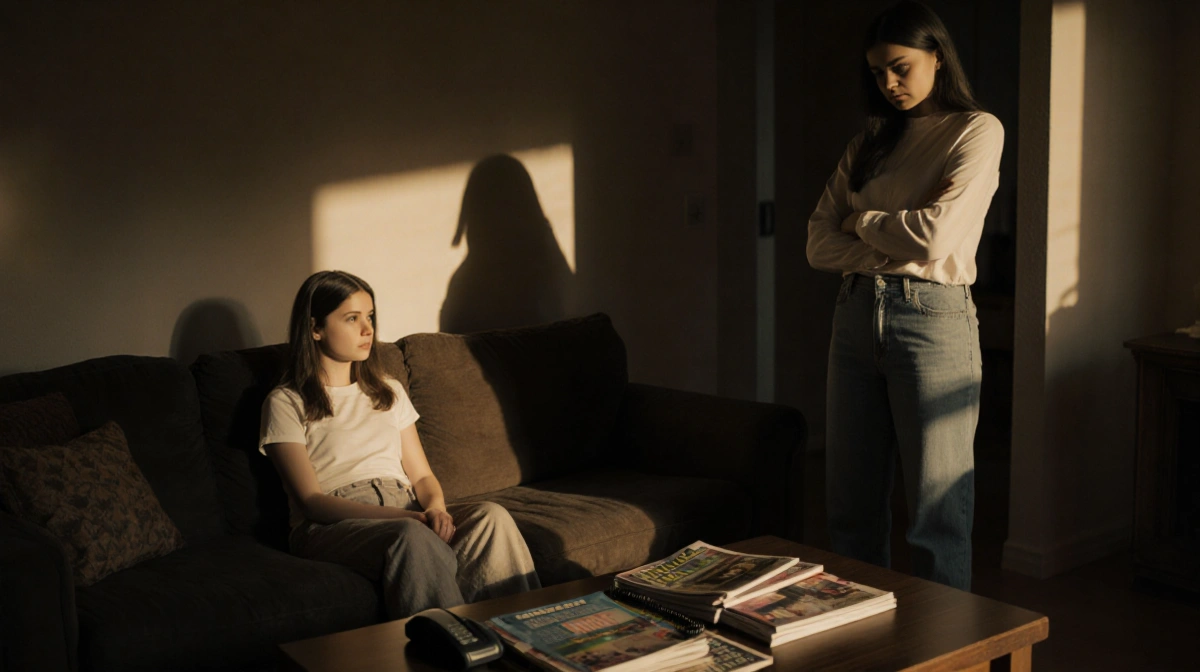 Lola Sheen sits on couch facing her sister Sami with phone and magazines on table showing tense family moment
