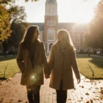 Brett and Hannah Chody walking hand in hand through campus quad with golden sunset lighting and autumn leaves
