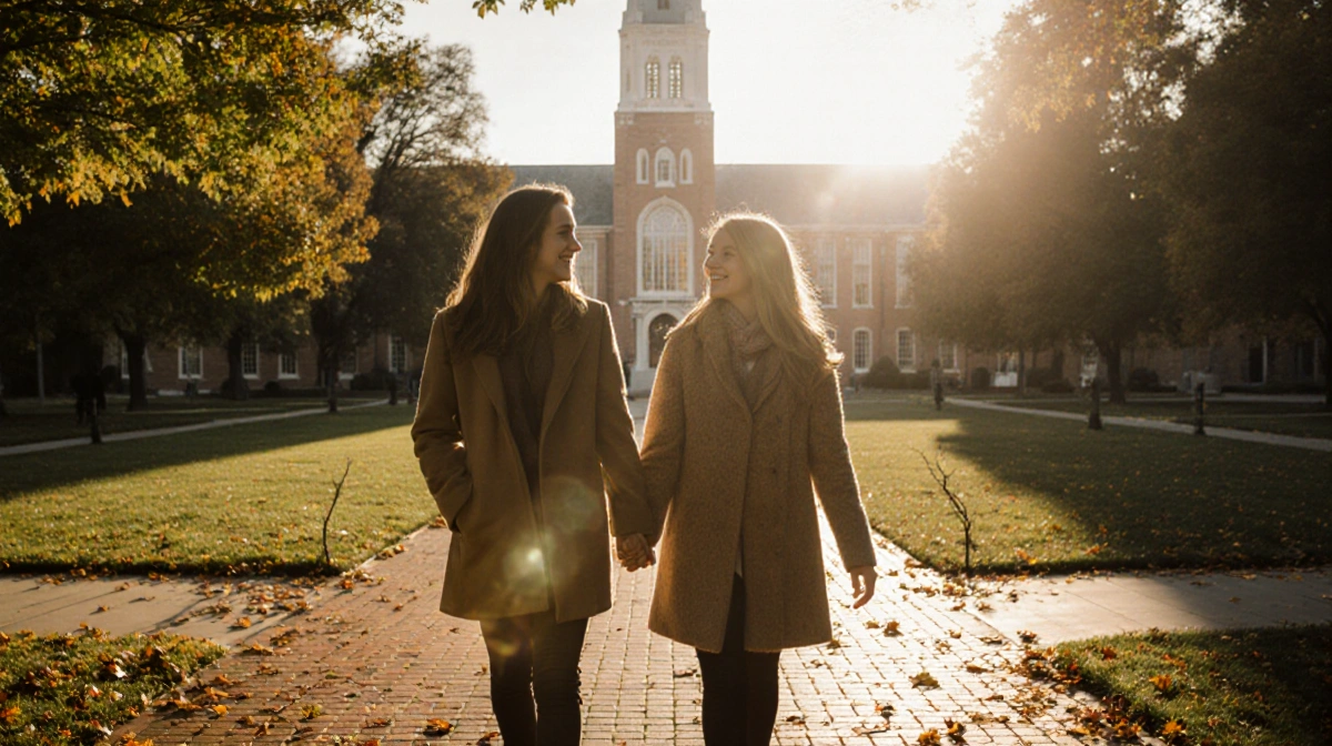Brett and Hannah Chody walking hand in hand through campus quad with golden sunset lighting and autumn leaves