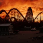 Six Flags rollercoasters stand dark against orange sky with abandoned ticket booths and construction vehicles showing park ta