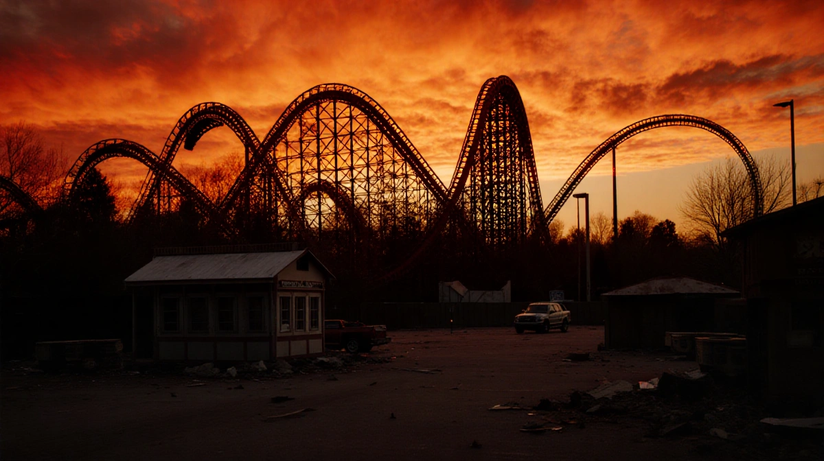 Six Flags rollercoasters stand dark against orange sky with abandoned ticket booths and construction vehicles showing park ta