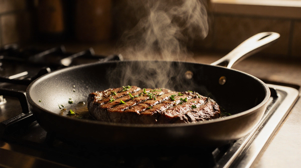 Juicy steak sizzling in hot skillet with golden crust and fresh herbs on kitchen counter