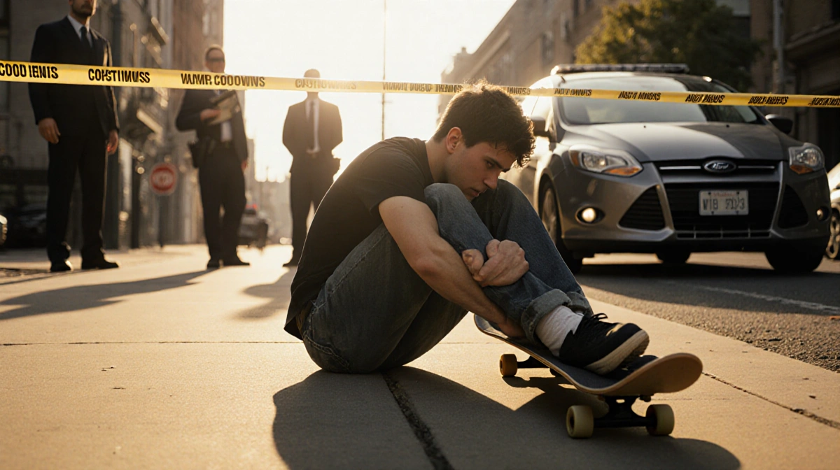 Skateboarder clinging to board with crumpled Ford Focus and police detectives behind