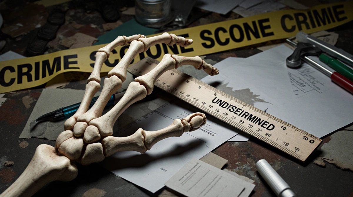 Skeletal hand holding ruler marked undetermined on cluttered forensics table with crime scene tape and papers