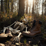 Skeletal remains lie exposed with work boots and glove near and sunlight filtering through trees