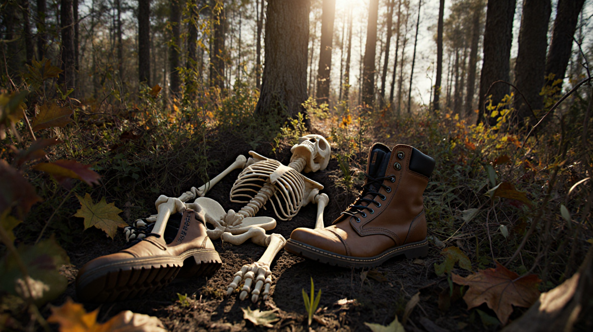 Skeletal remains lie exposed with work boots and glove near and sunlight filtering through trees