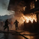 Firefighters rushing toward the inferno with burning wooden beams and smoke swirling in a dim ski bar.