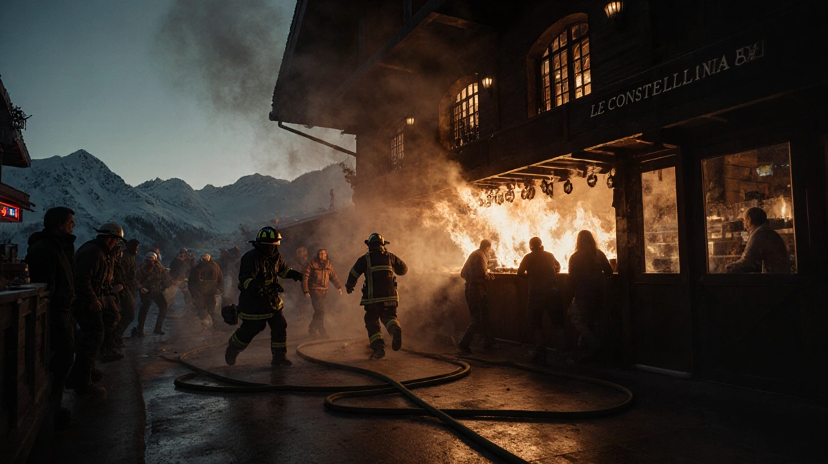Firefighters rushing toward the inferno with burning wooden beams and smoke swirling in a dim ski bar.