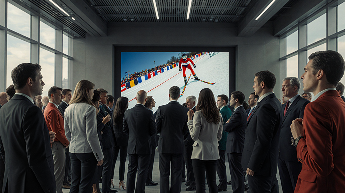 Athletes and officials gather near screen showing footage of ski jumping scandal with shocked faces.