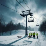 Rescue team stands near chairlift with stretcher on ground and dark clouds overhead