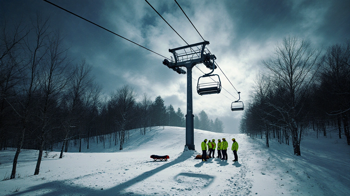 Rescue team stands near chairlift with stretcher on ground and dark clouds overhead