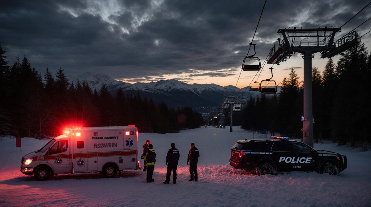 Emergency responders treating patients with ambulances and hazmat gear at ski resort chairlift