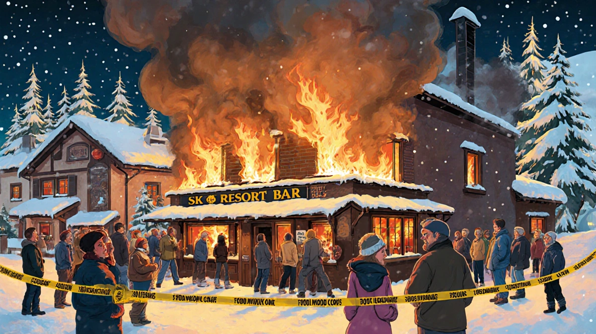 Ski resort bar engulfed in flames with thick smoke and police tape and panicked crowds outside