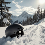 Helmet lying on snowy trail with powdery snow and a tall evergreen against pale blue sky