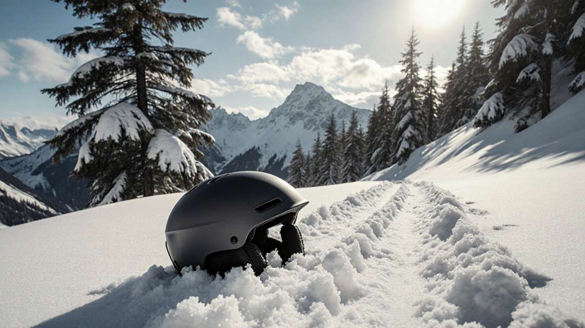 Helmet lying on snowy trail with powdery snow and a tall evergreen against pale blue sky