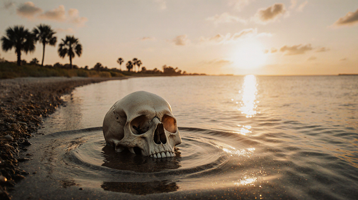 Skull protruding from shoreline with golden sunset glow and subtle ripples near faint palm trees.