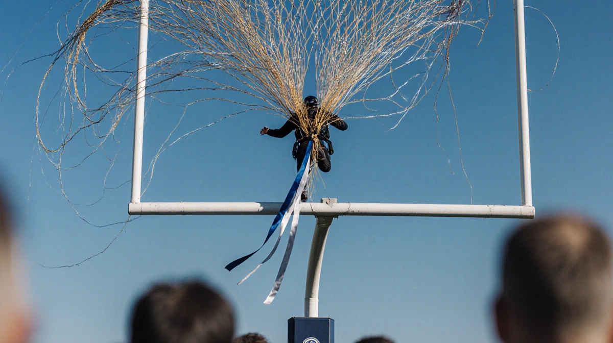 Skydiver caught in netting with threads and parachute ribbon trailing toward ground above goal post.