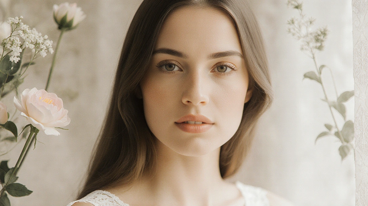 Skylar Provenza poses with soft lighting and delicate flowers emphasizing natural beauty and elegant simplicity