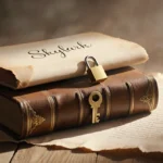 Old leather-bound book with golden lock and key rests open showing Skylark title with warm light on aged parchment surface