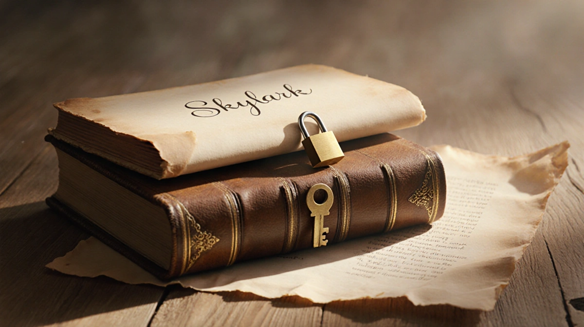Old leather-bound book with golden lock and key rests open showing Skylark title with warm light on aged parchment surface