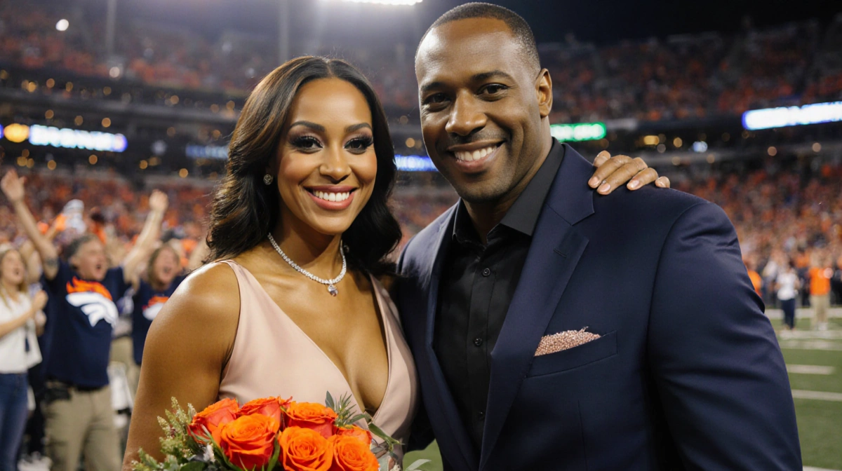 Skylene Montgomery holds roses while Sean Payton touches her shoulder with Broncos fans cheering behind them