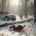 Figure struggling to sit up near a fallen tree in snowy forest with Jeep and abandoned sled.