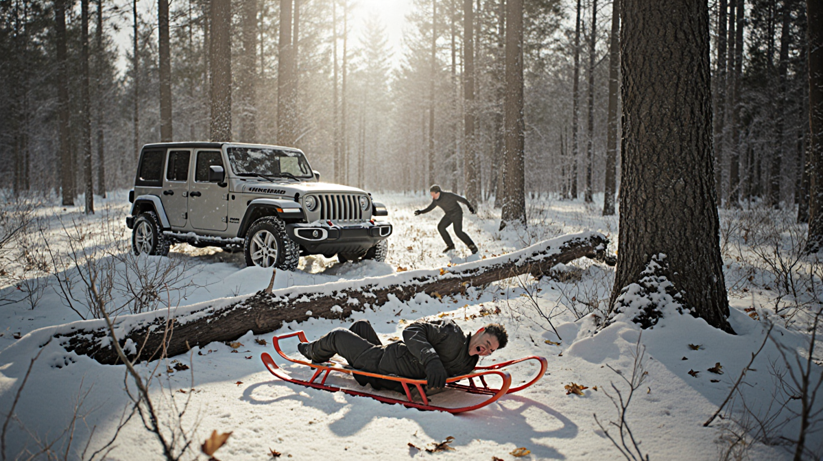 Figure struggling to sit up near a fallen tree in snowy forest with Jeep and abandoned sled.