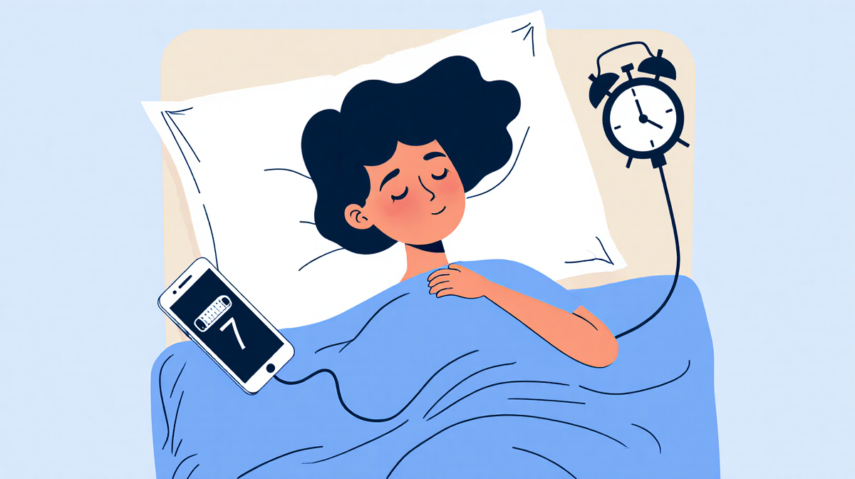 Person snuggled in bed with phone charging and seven pillows showing 7 hours of sleep and a clock