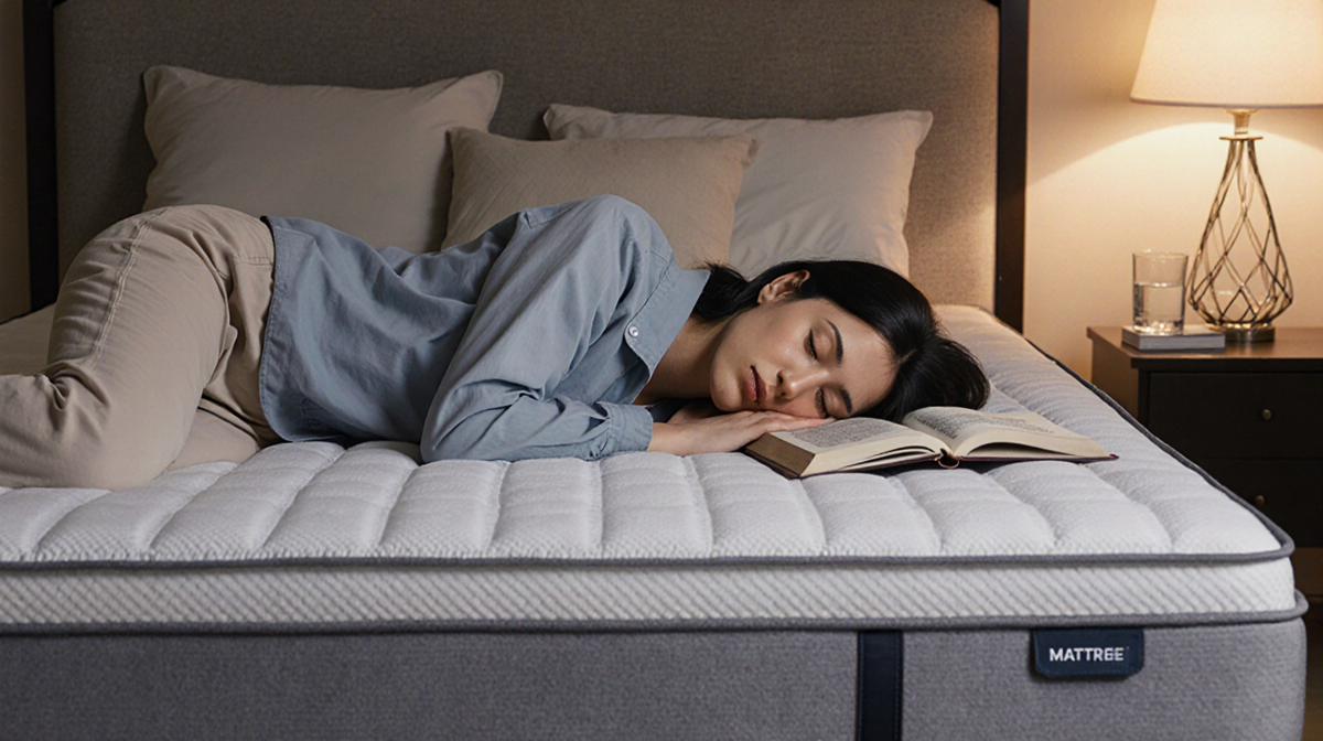 Person sleeping peacefully on waterproof mattress protector with soft warm lighting and a glass of water nearby.