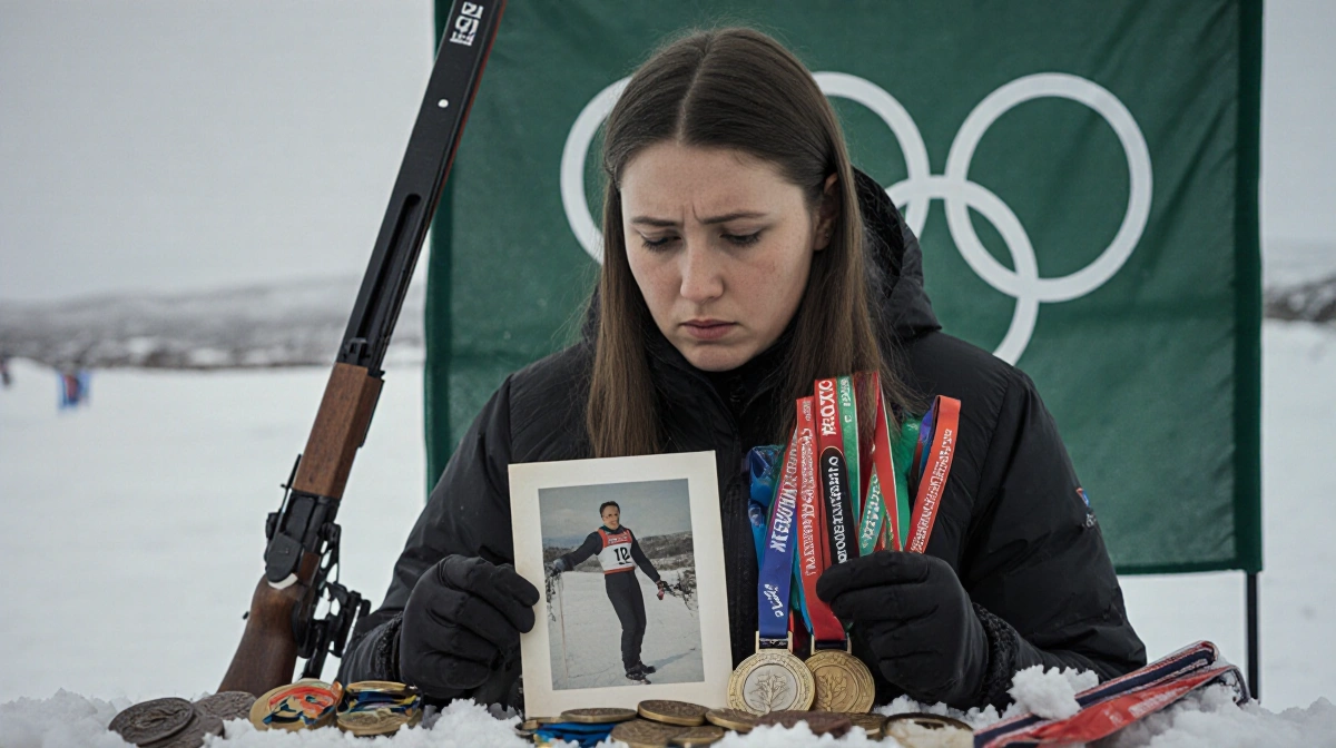 Slettemark stands with Greenlandic medals and biathlon equipment while holding her father's 2010 Olympics photo showing famil
