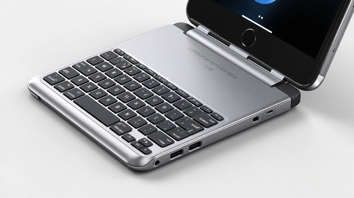 Sleek metallic keyboard slides out with built-in battery and charging port beside smartphone.