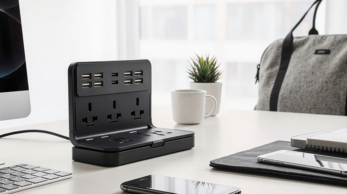 Foldable charging station opening slightly on a minimal desk with highlighted outlets and a blurred travel background
