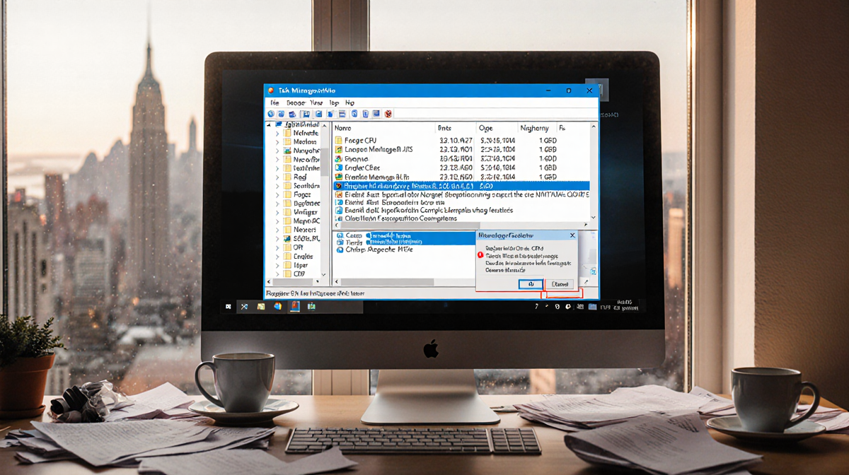 Computer desktop cluttered with papers and coffee cups showing error messages and Task Manager showing slow PC frustration