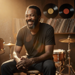 Sly Dunbar smiling at camera with warm golden light in a cozy studio surrounded by vinyl records and vintage drums