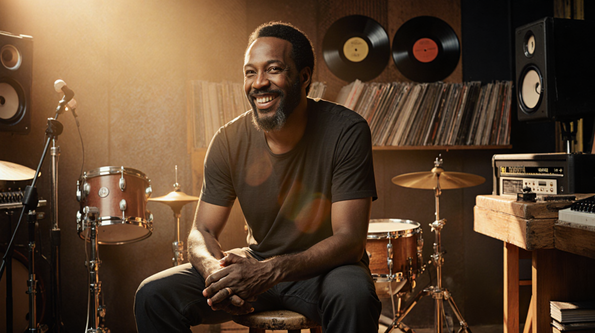 Sly Dunbar smiling at camera with warm golden light in a cozy studio surrounded by vinyl records and vintage drums