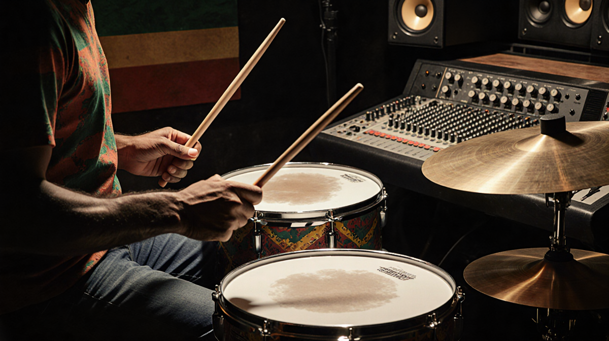 Drummer's hands holding a drumstick with a 1970s-style drum kit and warm lighting evoking reggae.