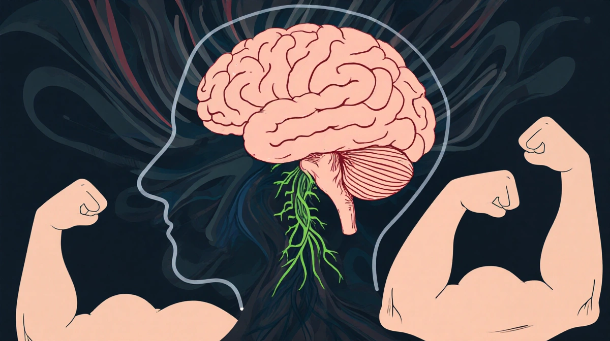 Brain with spinal cord showing damaged nerve cells with muscle illustrations nearby showing SMA effects
