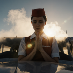 Stewardess praying inside a small plane with a smoky silhouette against a golden blue sky.