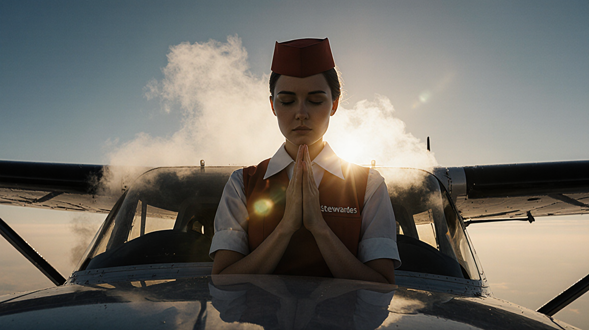 Stewardess praying inside a small plane with a smoky silhouette against a golden blue sky.