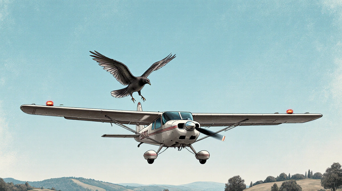 Small plane flying through blue sky with bird gliding alongside and warning light flashing on wing
